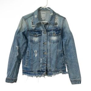Iris Blue Distressed Denim Jacket(Size Small)